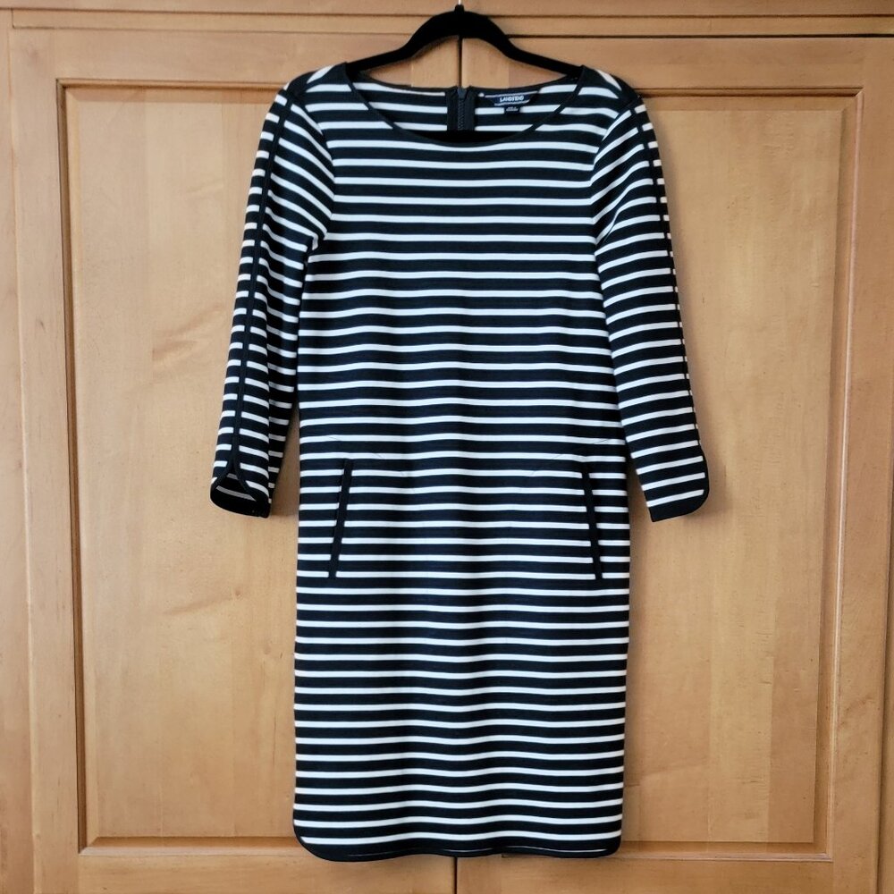Lands' End Navy/White Nautical Stripe Ponte Shift Dress With Pockets - 8